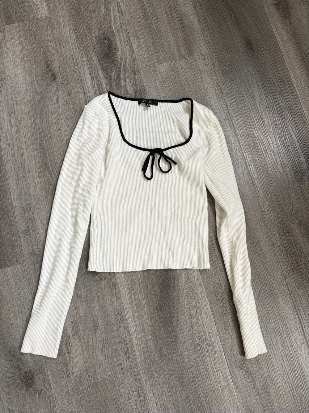 Love Tree Cream Ribbed Long Sleeve Top with Black Trim and Tie